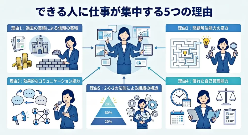 できる人に仕事が集中する5つの理由
理由1：過去の実績による信頼の蓄積
理由2：問題解決能力の高さ
理由3：効果的なコミュニケーション能力
理由4：優れた自己管理能力
理由5：2-6-2の法則による組織の構造