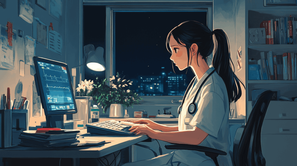 夜勤をする看護師女性