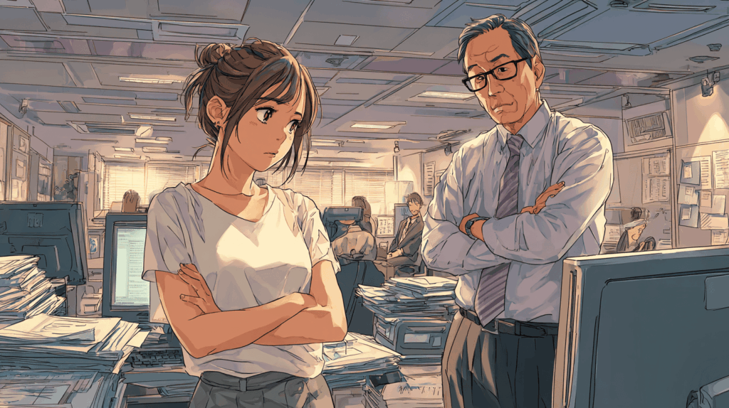 部下と話し合う上司。上司を尊重し話をよく聞く部下の女性。