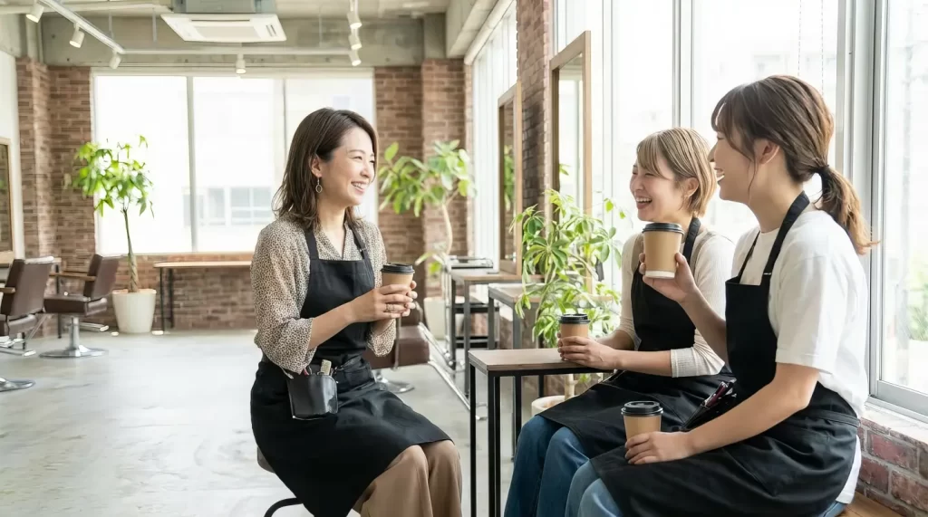 転職を考えていた美容師の女性が、他のスタッフと一仕事を終えてくつろぐ様子